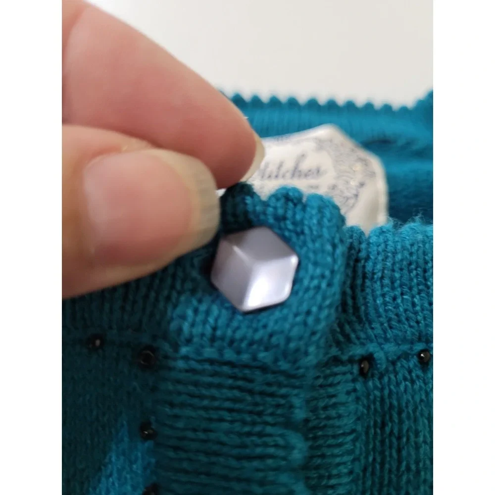 Stitches In Time Cardigan Sweater 2X Dark Turquiose Black Embellished Holiday - Picture 12 of 15
